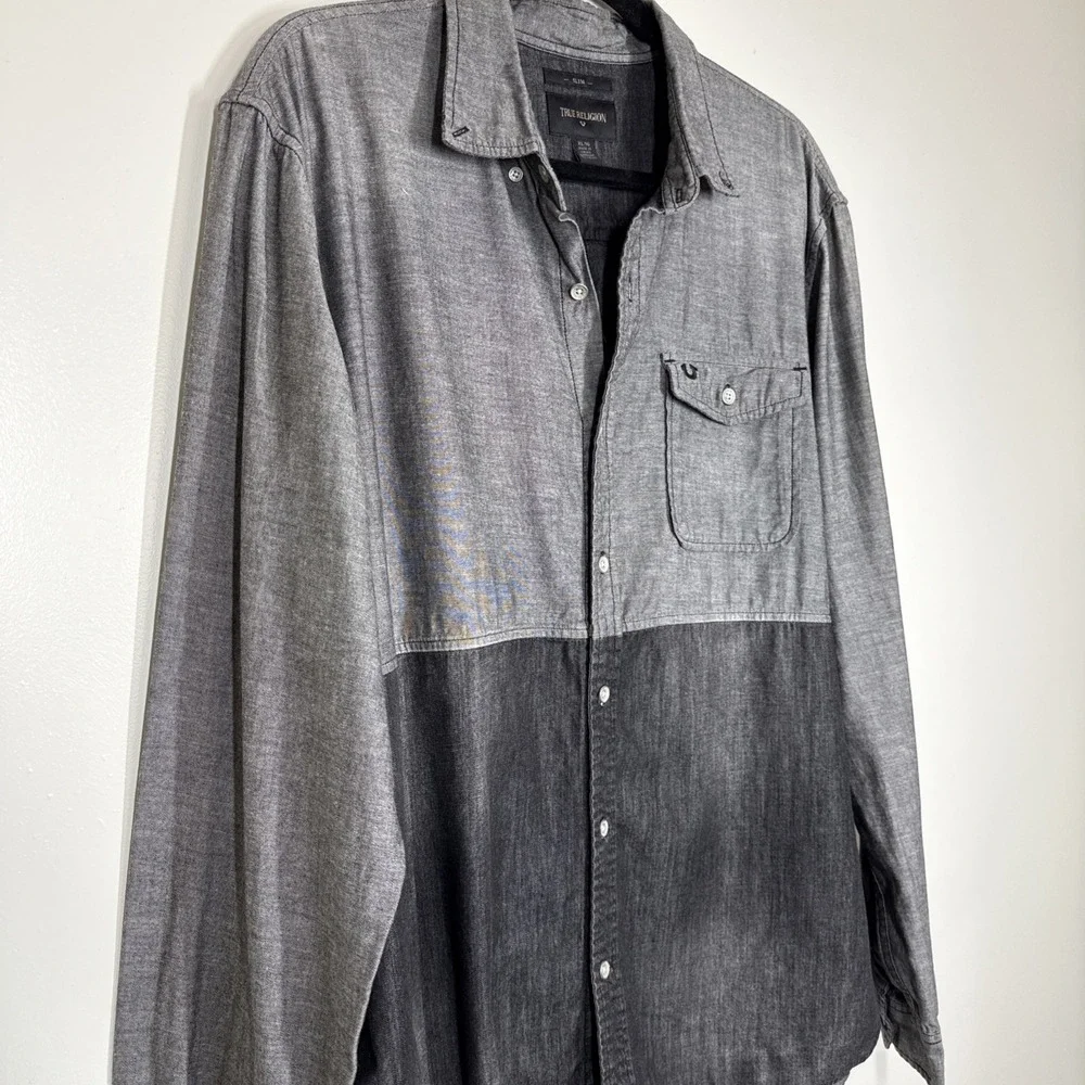 True Religion Western Shirt Mens Size XL Gray Black Slim Fit Color Block